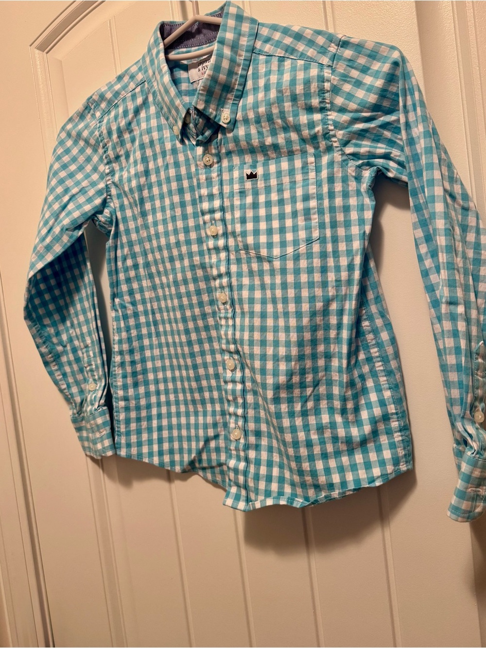 Crown & Ivy Kids Boys Size 6 Aqua White Gingham Long Sleeve Button Down Shirt